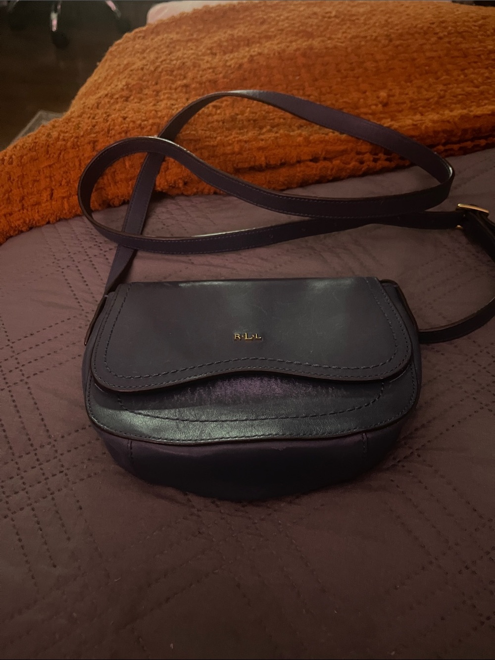 Ralph Lauren Navy Leather Flap Crossbody Bag
